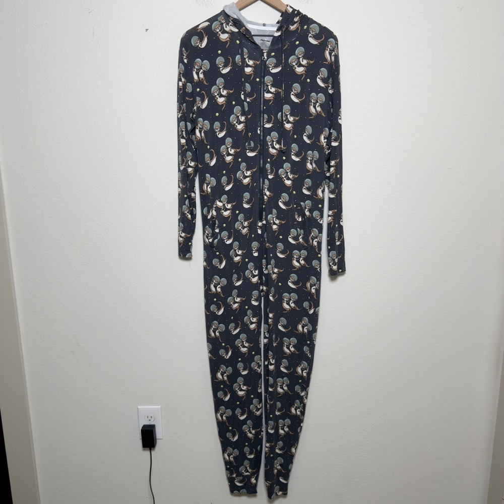 MeUndies Women MicroModal Onesie S/M Gray Otter Space Hooded Pajamas U002